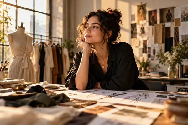 A fashion designer photographed in warm window light with a calm, thoughtful expression.