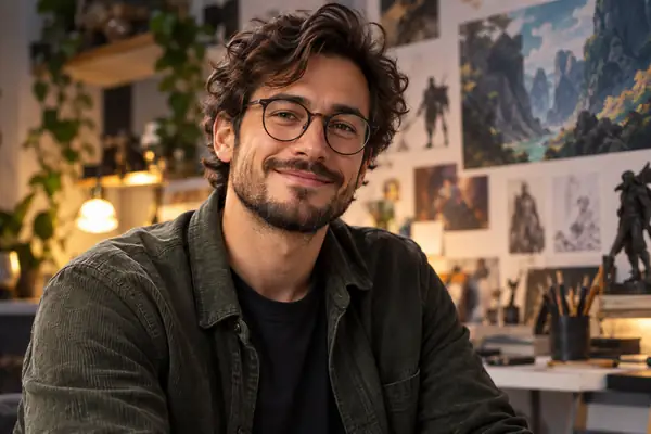 A friendly male character designer with glasses in a softly lit portrait.