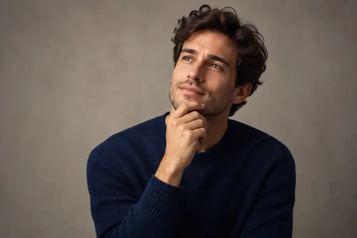 A thoughtful character in a navy sweater photographed against a neutral studio backdrop.