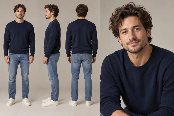 A character design sheet with front, side, and back views of the same man in a navy sweater, plus a larger natural studio portrait.