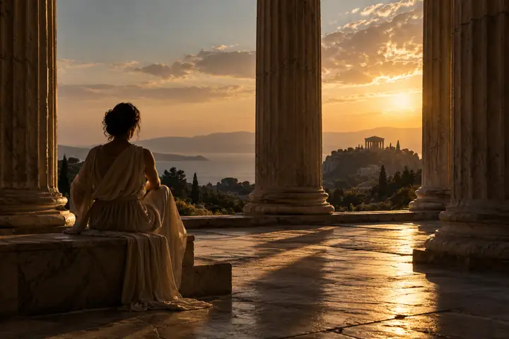 A solitary figure sits among stone columns in dramatic afternoon light, viewed as a cinematic still.