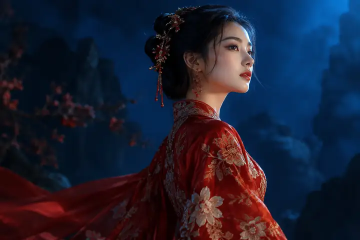 A woman in embroidered red silk stands in profile against a deep blue backdrop.