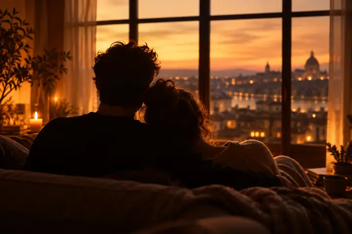 Two people silhouetted against a warmly lit window.